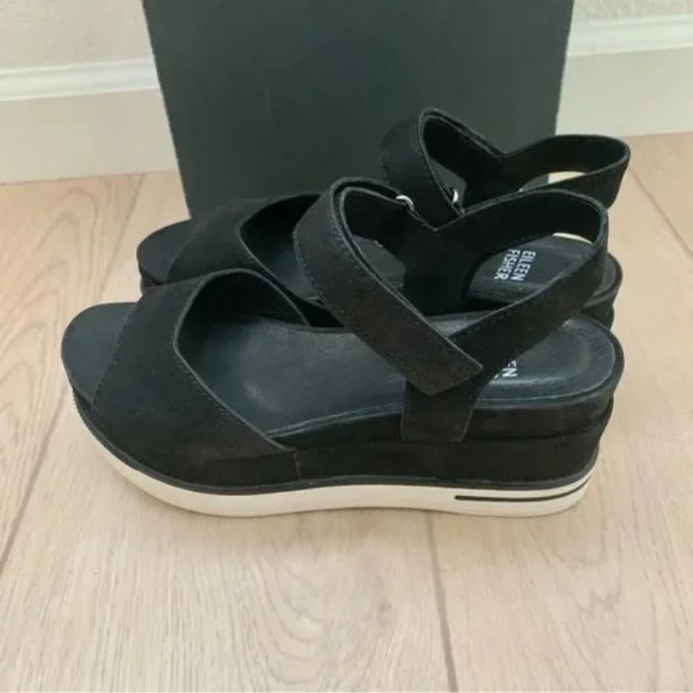 š¤ Eileen Fisher Black Beck Sporty Platform Wedge Heeled Sandals - Picture 8 of 11
